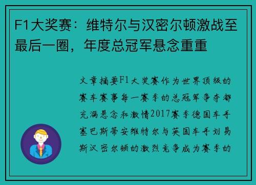 F1大奖赛：维特尔与汉密尔顿激战至最后一圈，年度总冠军悬念重重