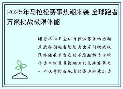 2025年马拉松赛事热潮来袭 全球跑者齐聚挑战极限体能