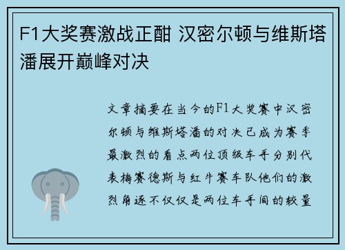 F1大奖赛激战正酣 汉密尔顿与维斯塔潘展开巅峰对决